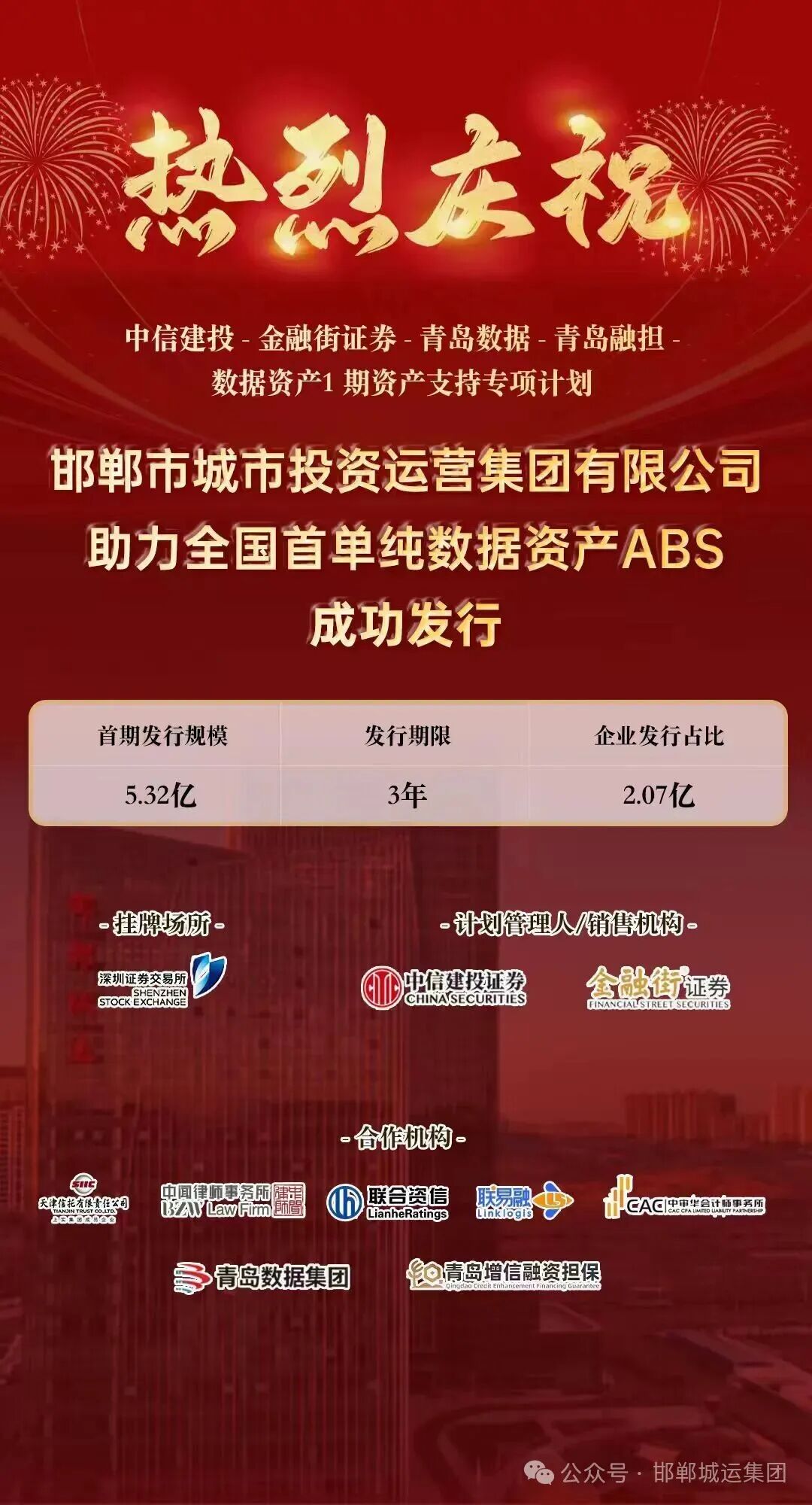 争第一、创唯一||邯郸城运集团助力发行全国首单纯数据资产ABS